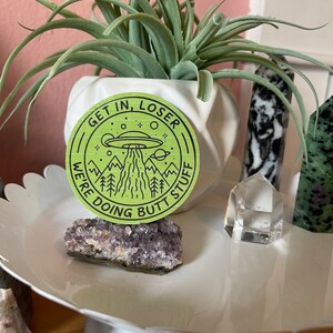 May include: A light green sticker with the text "GET IN, LOSER WE'RE DOING BUTT STUFF" and a UFO design. The sticker is on a white decorative plate with a plant and crystals.