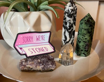 May include: A white, petal-shaped tray holds a variety of crystals and a small potted plant. The crystals include a clear quartz point, a zebra jasper tower, and a green zoisite tower. A sticker reads "Sorry We're Stoned."