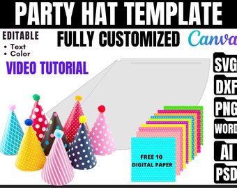 May include: A digital template for creating party hats. The template is fully customizable and includes a video tutorial. The image shows a variety of party hats in different colors and patterns, as well as a set of digital papers. The text "FREE 10 DIGITAL PAPER" is visible in the image. The template is available in SVG, DXF, PNG, WORD, AI, and PSD formats.
