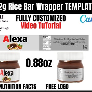May include: A customizable 22g rice bar wrapper template with a chocolate spread jar mockup. The template features a nutrition facts label, a customizable logo, and a QR code. The text "Alexa" is displayed on the wrapper and jar. The template is available in SVG, DXF, PNG, WORD, AI, and PSD formats.