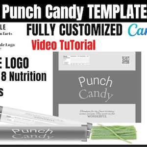 Può includere: Un modello Canva personalizzabile per l'imballaggio di caramelle punch. Il modello include un logo, informazioni nutrizionali e un codice QR. Il modello è disponibile nei formati SVG, DXF, PNG, WORD, AI e PSD.