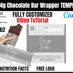 以下が含まれることがあります： Canva 用のカスタマイズ可能なチョコレートバーラッパーテンプレート。テンプレートには、栄養成分表、ロゴエリア、デザインスペースが含まれています。ラッパーには、「Design Here」というテキストが筆記体で書かれています。テンプレートは、SVG、DXF、PNG、WORD、AI、PSD 形式で入手できます。