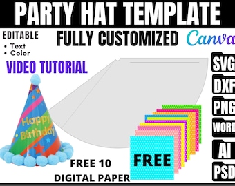 May include: A printable party hat template with a colorful birthday hat design. The template is fully customizable and includes a video tutorial. The image also shows a set of 10 free digital papers with polka dot patterns in various colors.