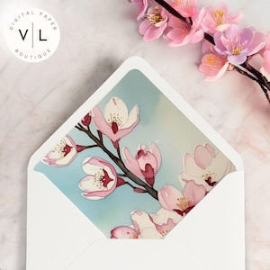 Forro para sobres con diseño de flor de cerezo – Plantilla de papelería floral primaveral – Descarga digital en PDF – Arte para sobres de estilo japonés
