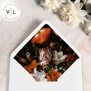 Dark Botanical Envelope Liner - Baroque Stationery Elegance - Printable Floral Insert