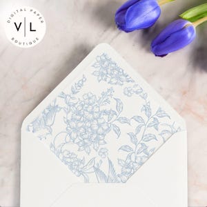 Blau Toile Floral Umschlag Liner | Druckbare Klappeneinlage | Französisches Landhochzeits-Briefpapier | Sofort Download