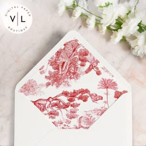 Forro de sobre vintage Jungle Toile: papelería imprimible con motivos de vida silvestre exótica, elegante inserto de invitación DIY, decoración de letras con temática de safari barroco