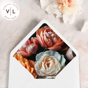 Forro de sobre floral imprimible – Diseño de acuarela de peonías y rosas – Inserto de solapa de papelería romántica – Descarga instantánea – Decoración elegante para cartas