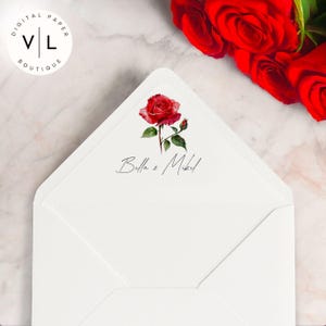 Forro de sobre con rosa roja – Inserto floral romántico imprimible – Plantilla de papelería para bodas – Decoración de cartas de amor para San Valentín –