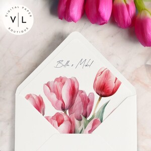 Forro de sobre con tulipanes rosas – Inserto de papelería floral primaveral – Descarga digital imprimible – Plantilla editable para invitaciones y notas