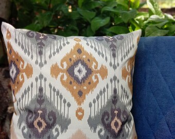 16x16 Aztec Style Waterproof Pillow Cover / Boho Ikat Cushion Case in Mustard and Gray / Outdoor and Indoor Decorative Accent Pillow