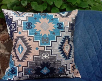 16x16 Waterproof Tribal Pillow Cover / Outdoor Gray Blue Beige Cushion Case / Ethnic Aztec Patio Decor / Bohemian Rustic Throw Pillow Covers