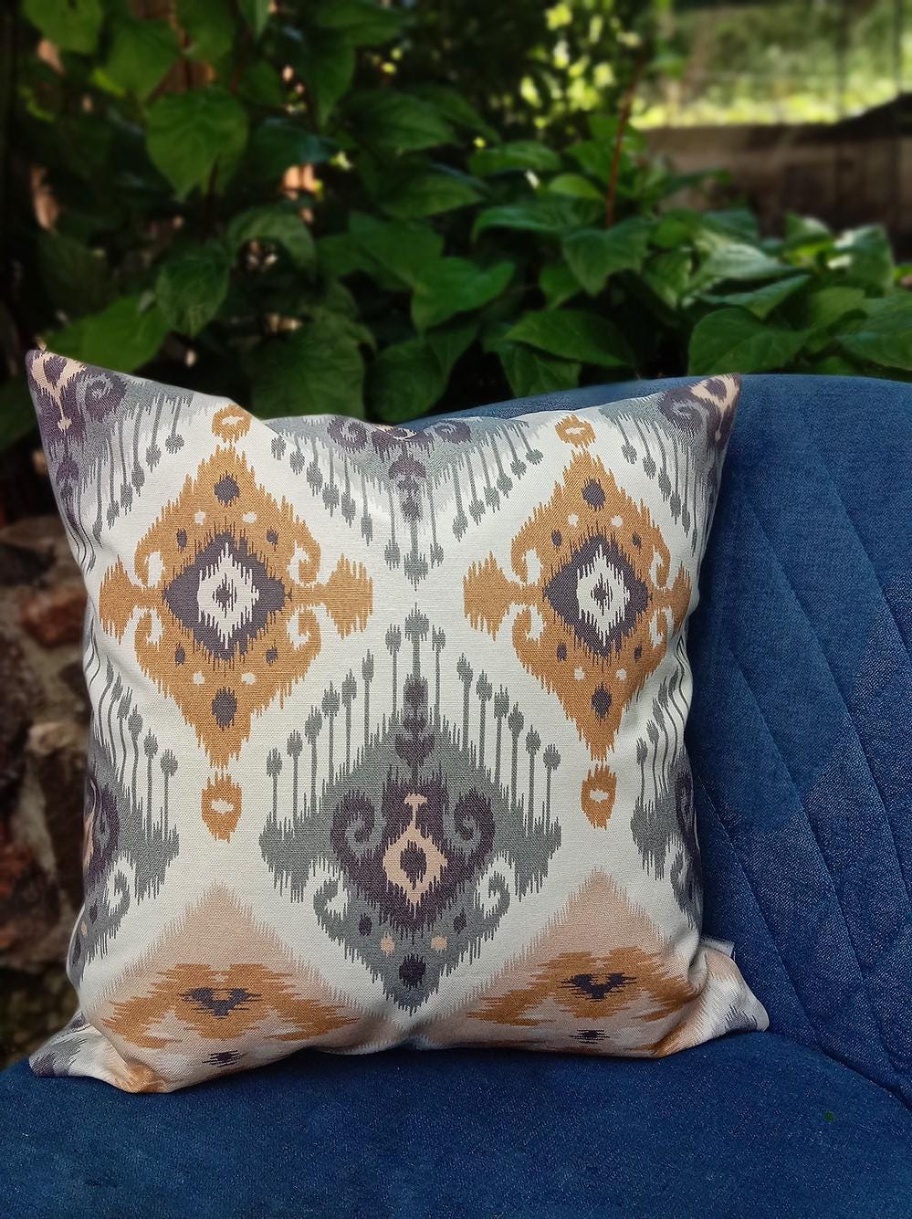 16x16 Ikat Tribal Throw Pillow Cover / Gray Mustard Waterproof Boho Cushion for Sofa, Patio or Bedroom / Ethnic Home Decor
