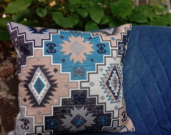 Southwestern Waterproof Pillow Cover 16x16 / Outdoor Decorative Cushion Case / Gray Taupe Blue Tribal Throw Pillow / Boho Aztec Home Decor