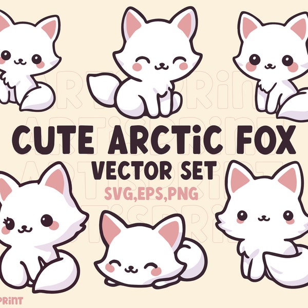 Arctic Fox Vector Clipart , Kawaii Arctic Fox- Cute White Arctic Fox Clipart Set , High Quality Vectors ,  Instant Download , Kawaii Clipart