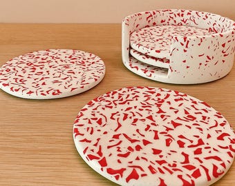 Posavasos redondos de terrazo blanco y rojo, colección de 4 posavasos con soporte