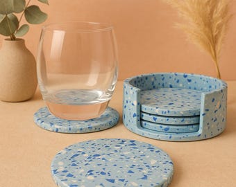 Blue Terrazzo Round Coasters, Collection 4 coasters set with holder