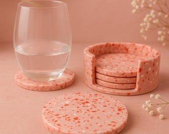 Pink Terrazzo Round Coasters, Collection 4 coasters set with holder