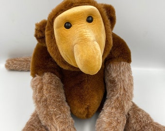 1970s Unusual Flock Faced Long Armed Monkey Soft Plush Toy. Vintage and hard to find