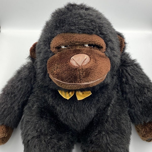 Retro 1980s Bow Tie Gorilla Monkey Soft Toy with label. Very cool and in excellent condition, cartoon eyes. Brown leather nose and mouth