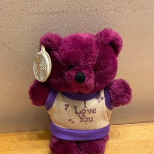Adorable 1980s Purple Teddy Bear wearing I Love You T-shirt Vintage Soft Plush Toy. Perfect retro gift for someone you love
