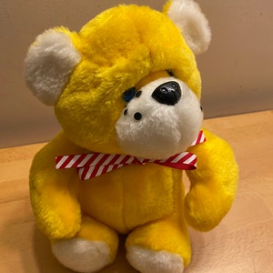 Bright Yellow 1980s Teddy Bear with blue eyes. Plush Soft Toy with bundles of character. No label. Christmas /birthday gift. Possibly German