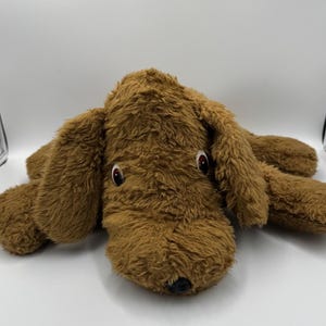 1970s Unique Brown Laying Dog Soft Toy, unusual retro, cartoon eyes, larger size with firm body