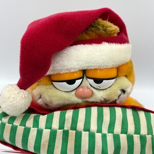 Może przedstawiać: Pluszowa zabawka Garfield w czerwono-białej czapce Świętego Mikołaja, spoczywająca na zielono-białej poduszce w paski. Pluszowy Garfield ma pomarańczowe futro, duże oczy i r&oacute;żowy nos. Poduszka ma czerwoną obw&oacute;dkę.