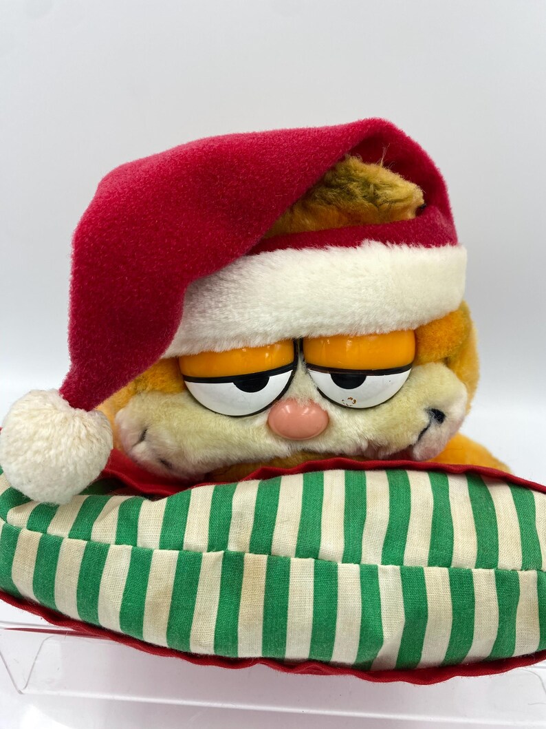 Może przedstawiać: Pluszowa zabawka Garfield w czerwono-białej czapce Świętego Mikołaja, spoczywająca na zielono-białej poduszce w paski. Pluszowy Garfield ma pomarańczowe futro, duże oczy i r&oacute;żowy nos. Poduszka ma czerwoną obw&oacute;dkę.
