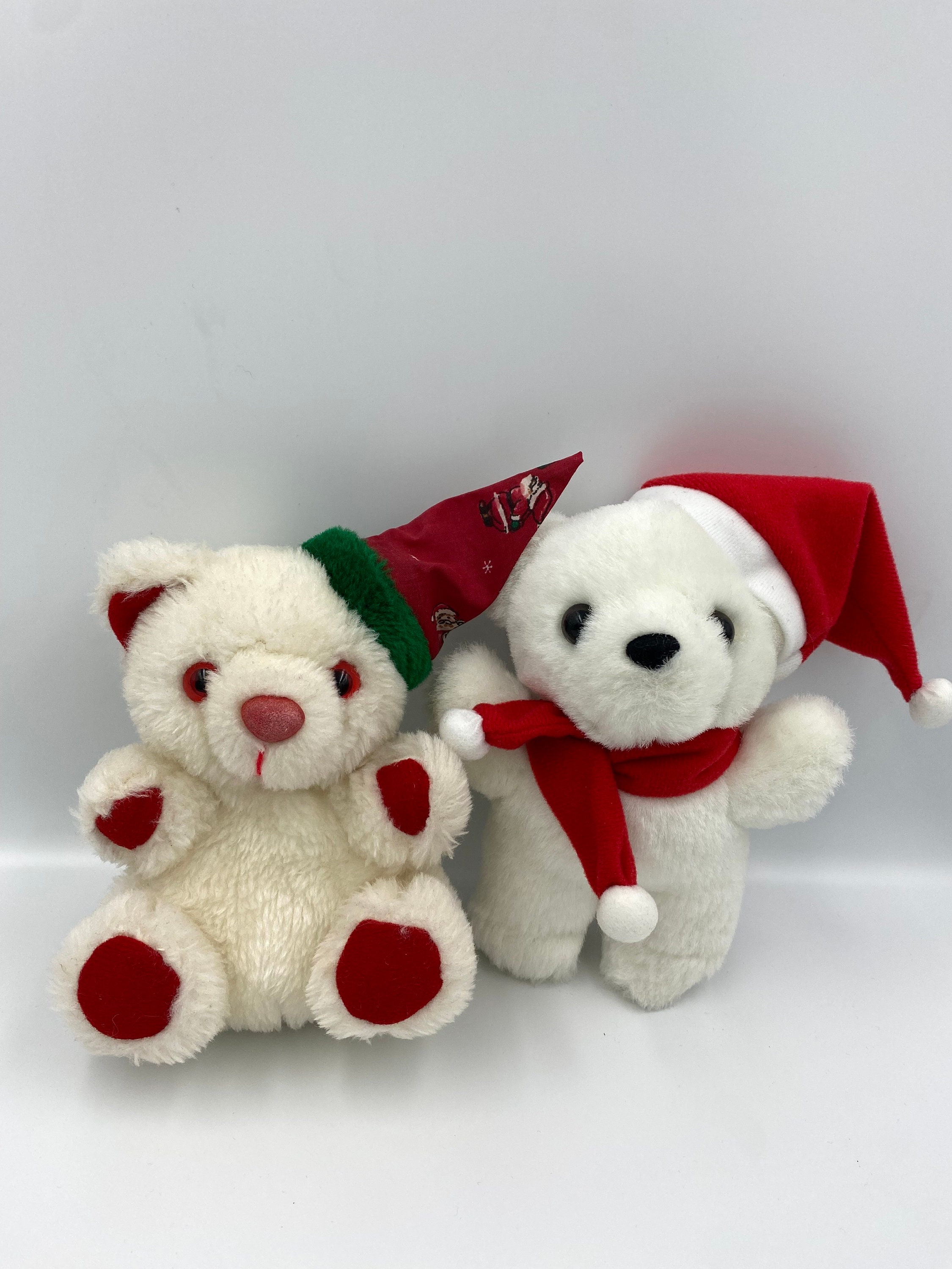 2 White Christmas Teddy Bear Friends, 1980s-1990s, Gorgeous Little