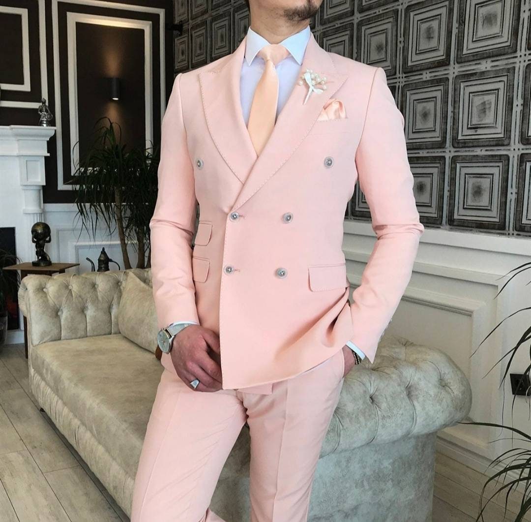 Men Suits Peach 2 Piece Slim Fit Double Breasted Formal Etsy