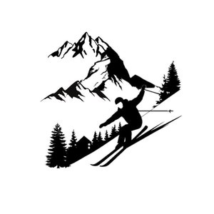May include: Silhouette of a skier in a black ski suit, skiing down a mountain slope with a snowy background. The skier is wearing a black helmet and holding ski poles. The mountain is in the background with trees on either side.