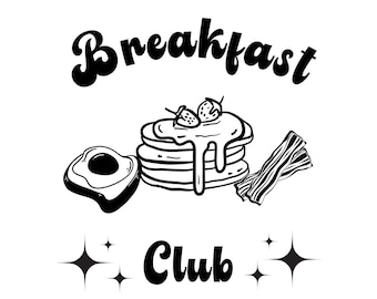 Könnte beinhalten: Schwarzweiß-Illustration eines Frühstücksclub-Logos. Das Logo zeigt einen Stapel Pfannkuchen mit Erdbeeren und Sirup, Avocado-Toast und Speck. Der Text "Breakfast Club" ist in einer Retro-Schrift mit Sternen auf beiden Seiten des Wortes "Club" geschrieben.