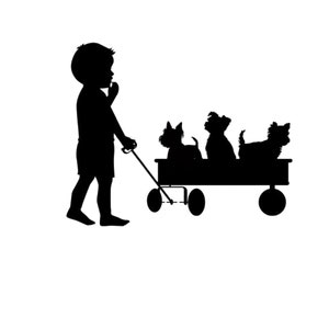 Junge svg, Junge ziehend Wagen svg, Welpen svg, Welpen im Wagen svg, Hunde svg, kleiner Junge ziehen Wagen Vektor-Dateien in SVG, PNG und DXF