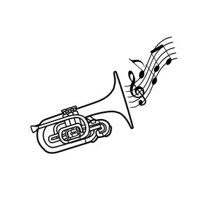 May include: A black and white line drawing of a trumpet with musical notes flowing out of the bell.