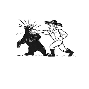 Puede incluir: Una ilustración en blanco y negro de un hombre con un sombrero golpeando a un oso en la cara.