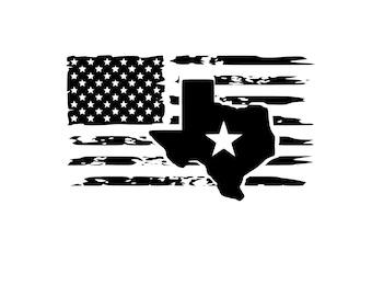 May include: A distressed black and white American flag with a black outline of the state of Texas in the center. The Texas outline has a white star in the center.