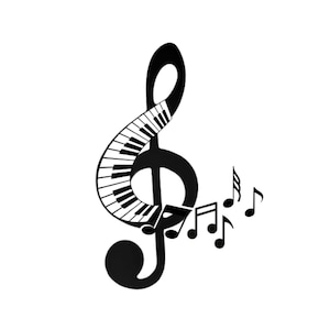 Op de afbeelding: Zwart-witte illustratie van een vioolsleutel met pianotoetsen eromheen gewikkeld. Muzieknoten vliegen van de sleutel af.