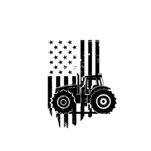 May include: Black and white silhouette of a tractor in front of a distressed American flag.