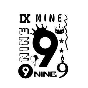 Svg anniversaire, 9e anniversaire svg, neuvième anniversaire svg, svg chemise anniversaire, svg de fête d'anniversaire, svg de carte d'anniversaire, SVG, PNG et DXF
