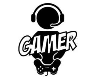 Könnte beinhalten: Schwarz-weiß-Illustration eines Gamers mit Headset, der einen Videospiel-Controller hält. Das Wort "GAMER" ist in fetter, weißer Schrift geschrieben.