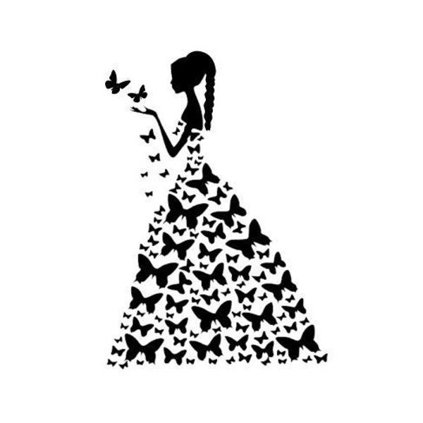 Mujer con vestido de mariposa svg, belleza svg, moda svg, Quinceanera svg, prom svg, formal svg, archivo vectorial de baile en SVG y PNG