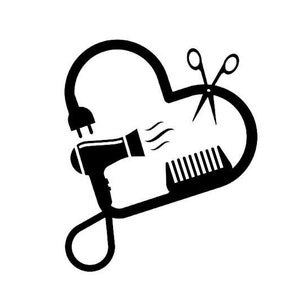 May include: Black and white illustration of a heart shape with a hairdryer, comb, and scissors inside. The heart shape is a symbol of love for hairdressing.