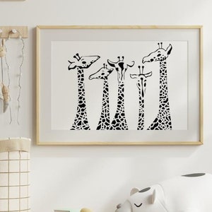 May include: Black and white illustration of five giraffes with their heads sticking up, printed on a white background and framed in a light wood frame.