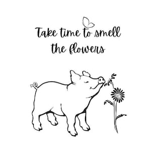 Pig svg, flower svg, smell the flowers svg, cute pig svg, funny pig svg, pig smelling a flower svg, piglet SVG, DXF and EPS