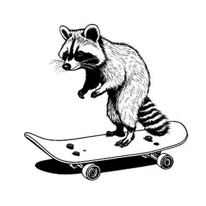 Puede incluir: Una ilustración en blanco y negro de un mapache de pie sobre una patineta. El mapache tiene una cola tupida y una expresión traviesa.