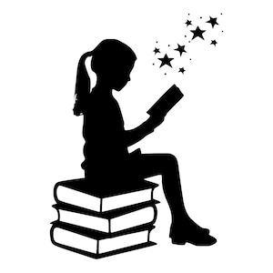 Libri in formato SVG, lettura in formato SVG, ragazza seduta su libri in formato SVG, pila di libri in formato SVG, immaginazione in formato SVG, apprendimento in formato SVG, lettura di libri SVG PNG DXF