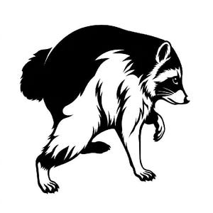 May include: A high-contrast black and white graphic illustration of a raccoon in a crouching position. The design features bold solid black areas and sharp white negative space to define the animal's fur, facial mask, and posture.