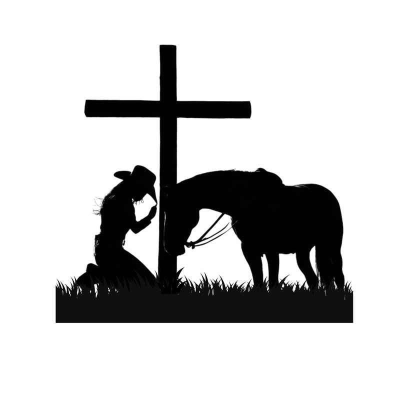 May include: Silhouette of a person kneeling in prayer with a horse beside them, both in front of a wooden cross.