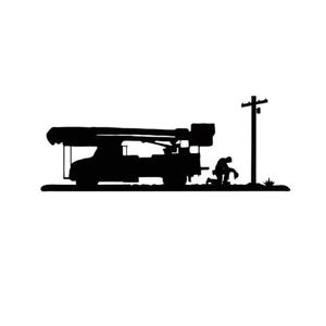 May include: A black and white silhouette of a utility truck with a worker standing next to a power pole.